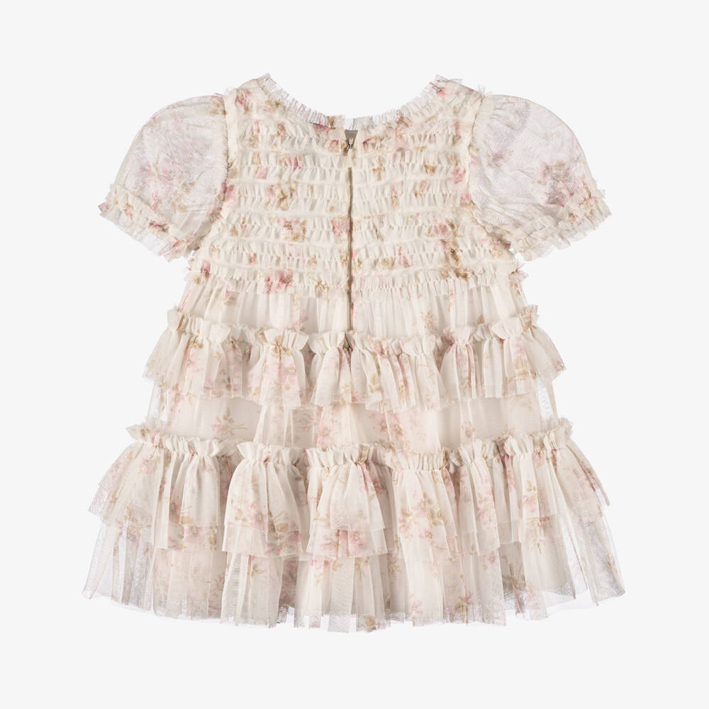 Needle & Thread-فستان تول مزين بكشكش وطبعة ورود لون عاجي وزهري | Childrensalon