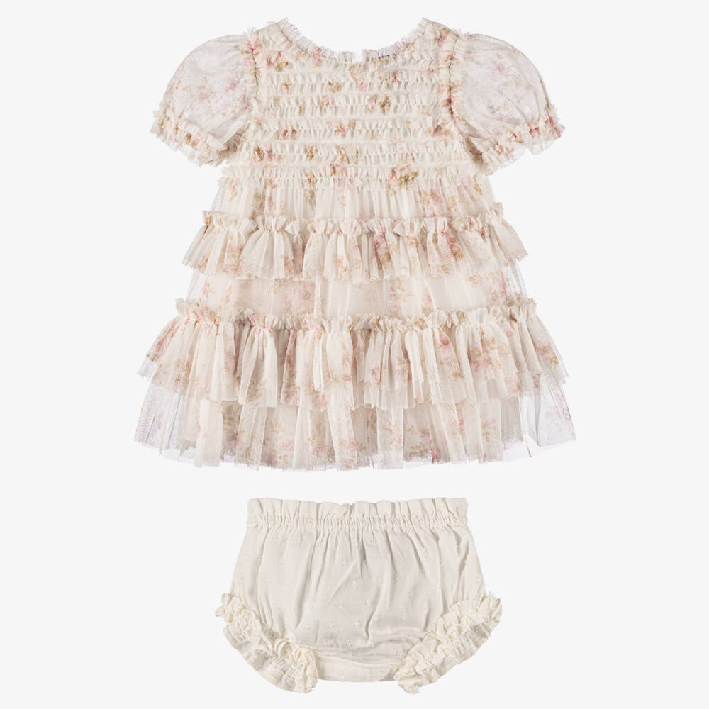 Needle & Thread-فستان تول مزين بكشكش وطبعة ورود لون عاجي وزهري | Childrensalon