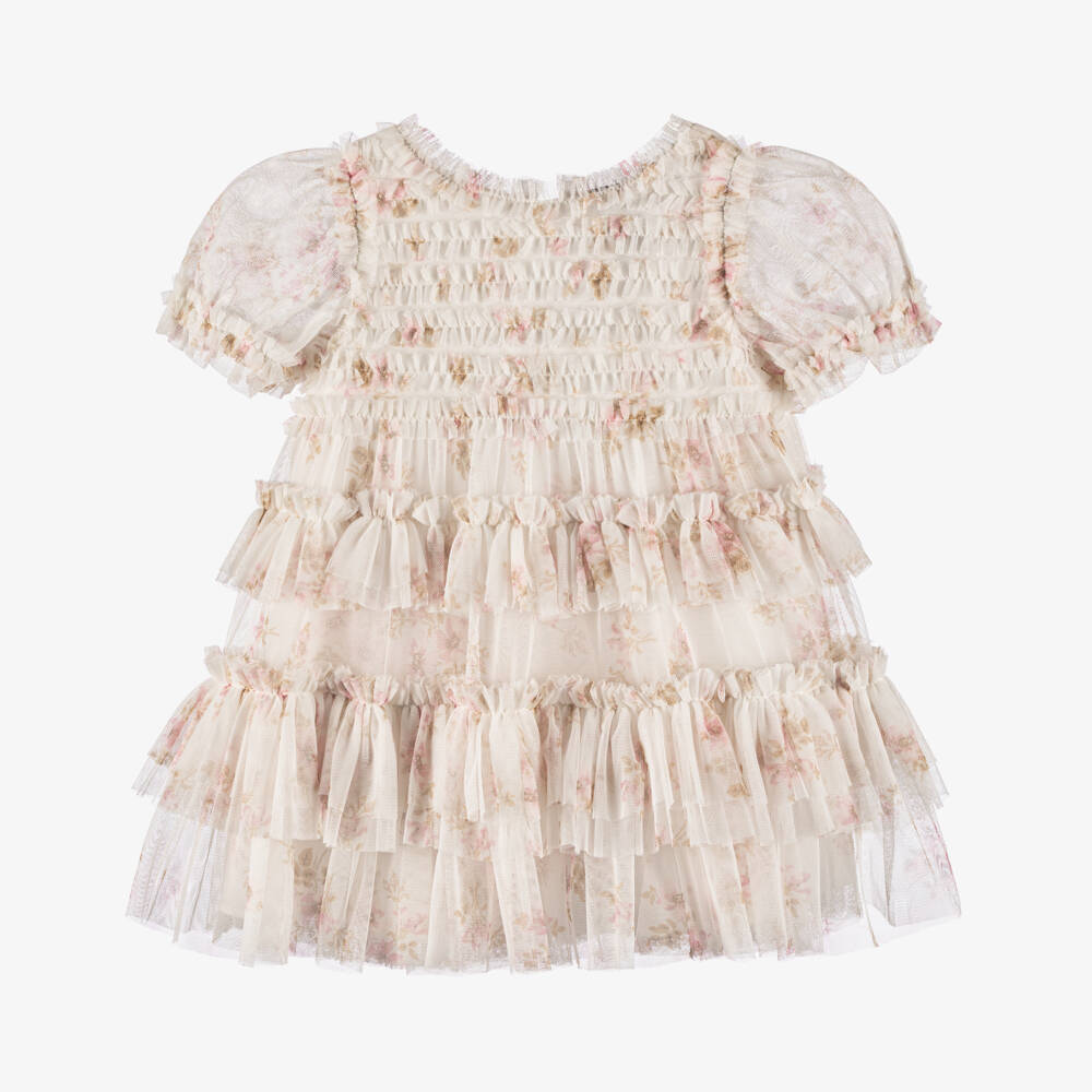 Needle & Thread-Baby Girls Ivory & Pink Floral Print Ruffled Tulle Dress | Childrensalon