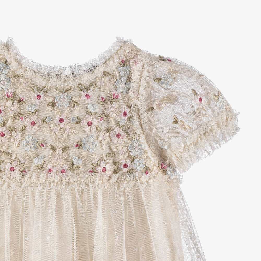 Needle & Thread-Baby Girls Ivory Ruffled Tulle Dress with Floral Embroidery | Childrensalon