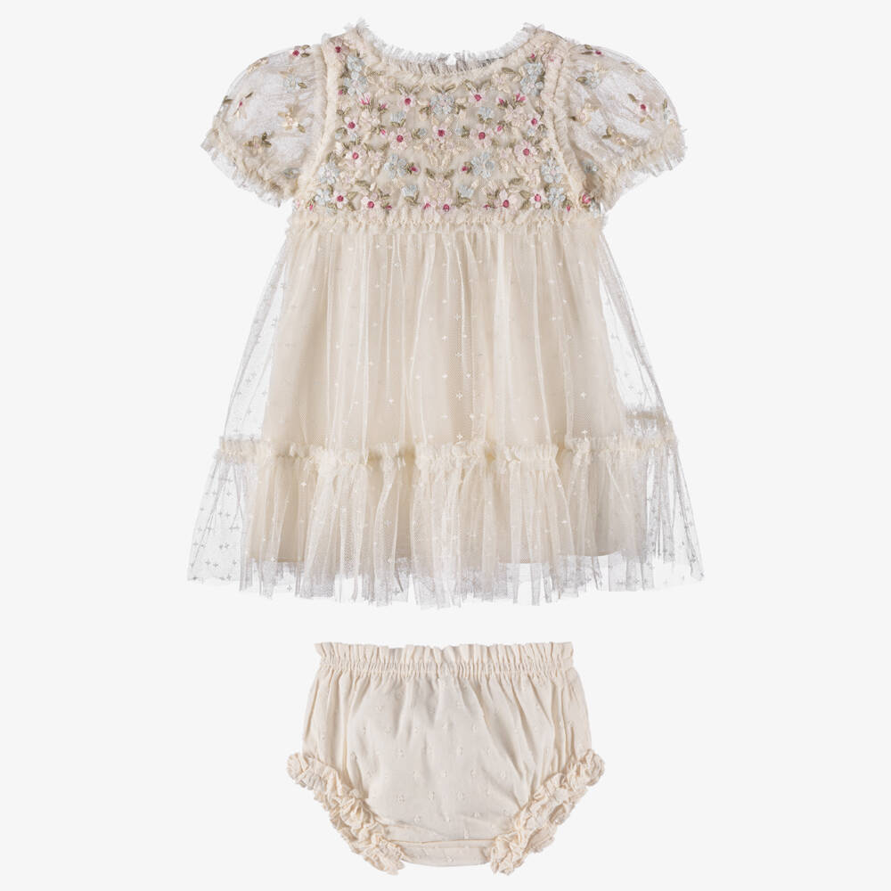 Needle & Thread-Baby Girls Ivory Ruffled Tulle Dress with Floral Embroidery | Childrensalon