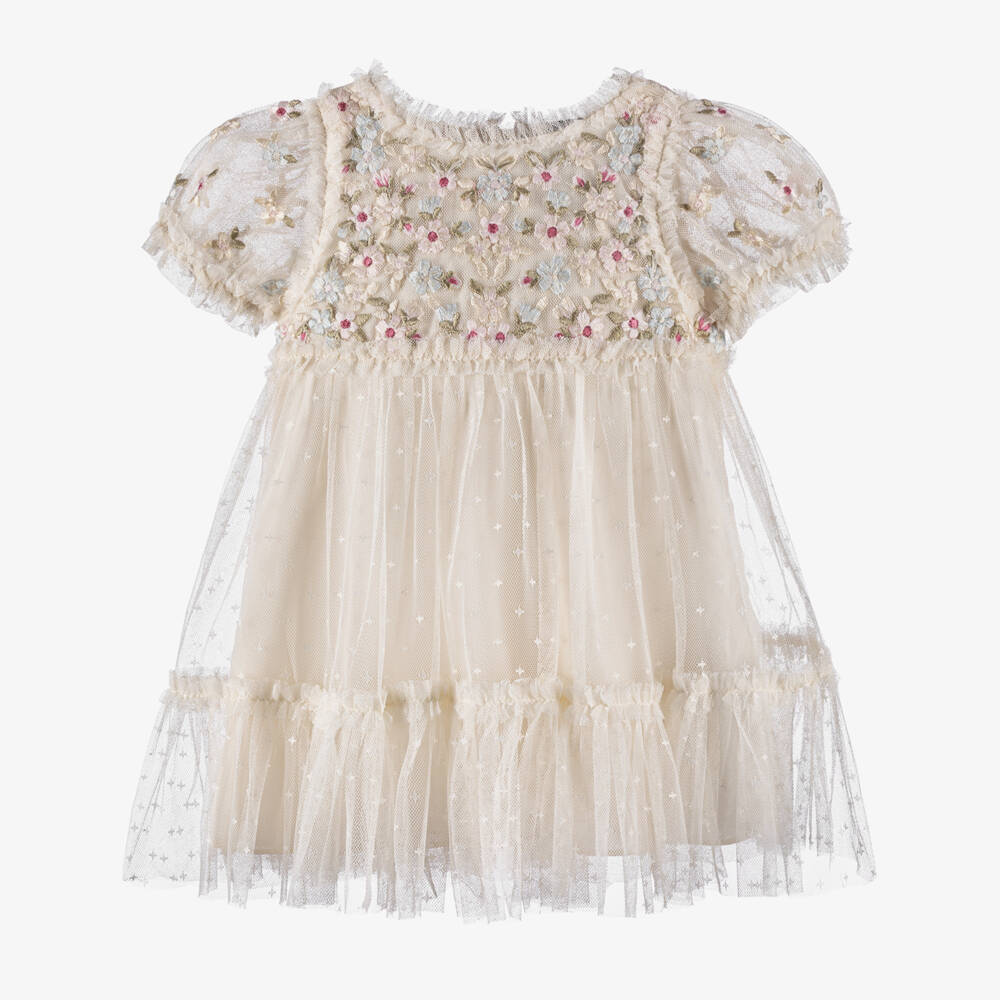 Needle & Thread-Baby Girls Ivory Ruffled Tulle Dress with Floral Embroidery | Childrensalon