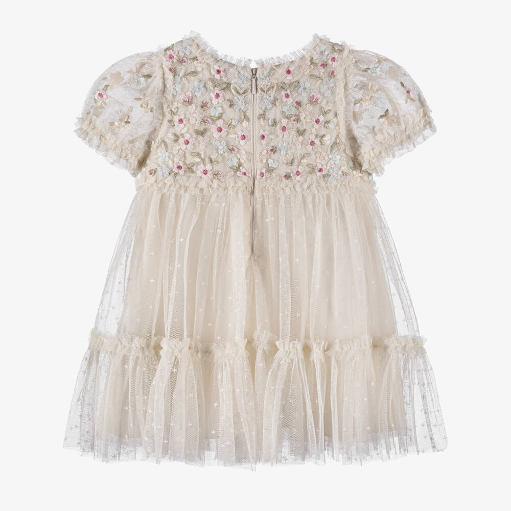Needle & Thread-Baby Girls Ivory Ruffled Tulle Dress with Floral Embroidery | Childrensalon