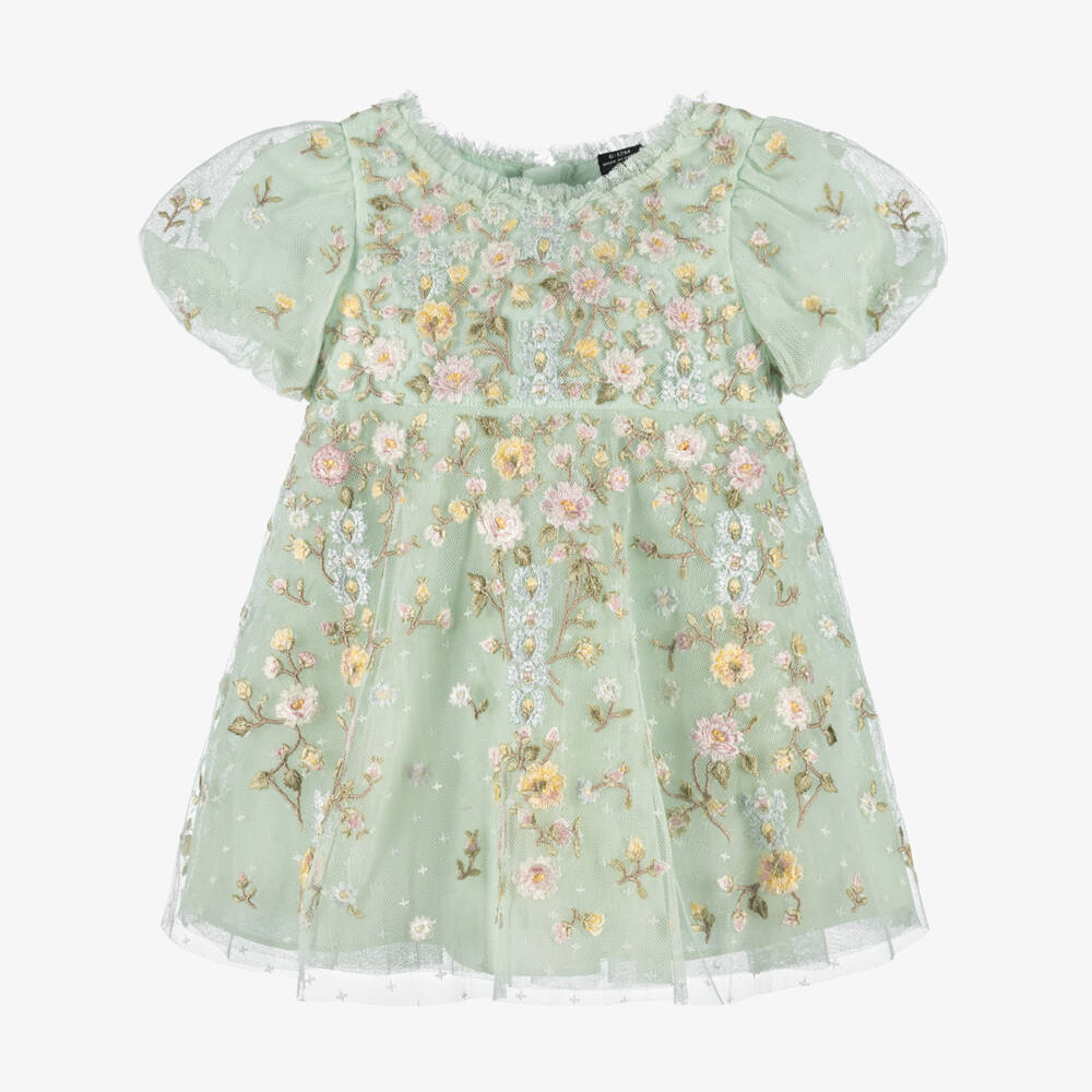 Needle & Thread-Baby Girls Pale Green Tulle Dress with Floral Embroidery | Childrensalon