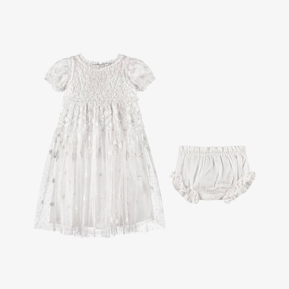 Needle & Thread-فستان تول مطرز لون أبيض للبنات الرضع | Childrensalon