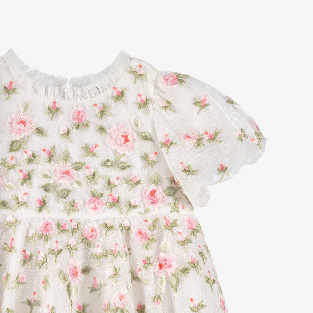 Needle & Thread-Baby Girls White Tulle Dress with Pink Floral Embroidery | Childrensalon
