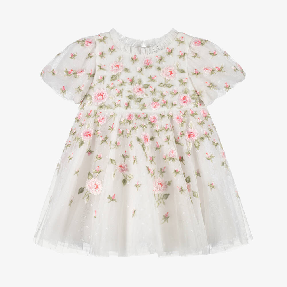 Needle & Thread-Baby Girls White Tulle Dress with Pink Floral Embroidery | Childrensalon