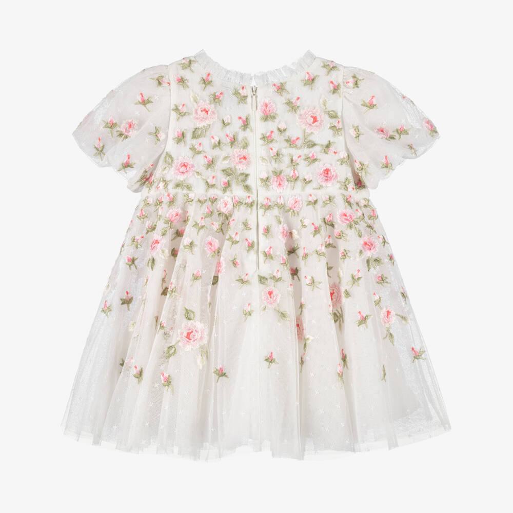 Needle & Thread-Baby Girls White Tulle Dress with Pink Floral Embroidery | Childrensalon