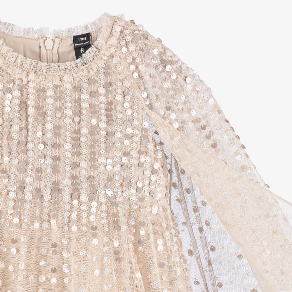 Needle & Thread-Girls Beige Sequinned Tulle Cape Dress | Childrensalon