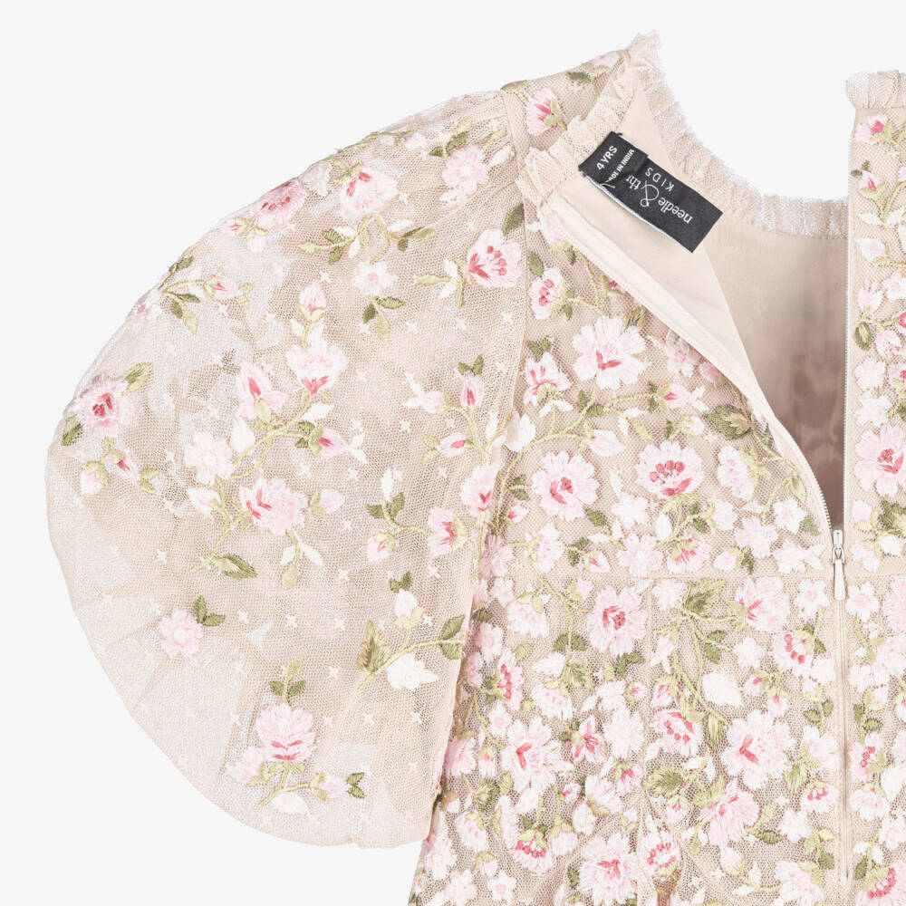 Needle & Thread-Платье бежевое из тюля с вышитыми розовыми цветами для девочек | Childrensalon