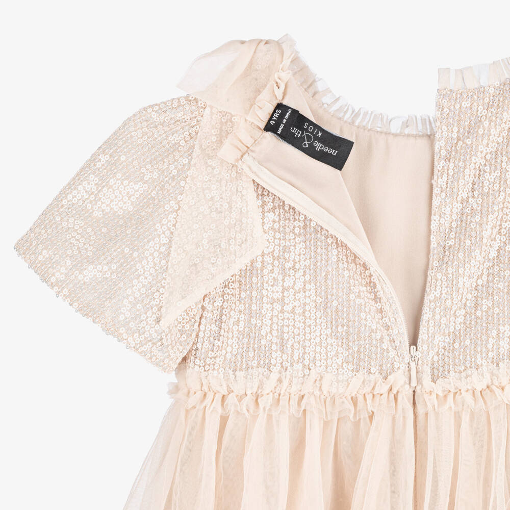 Needle & Thread-Платье бежевое из тюля с лифом из пайеток с бантами для девочек | Childrensalon