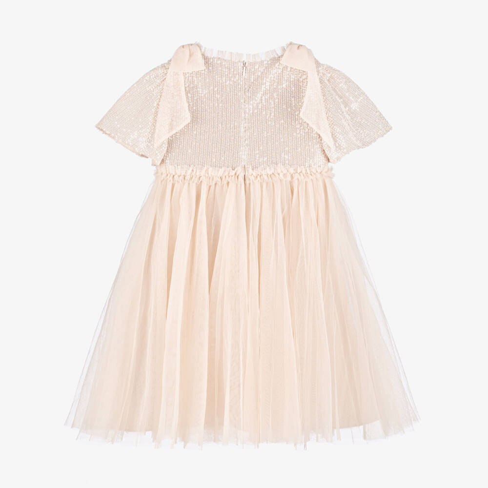 Needle & Thread-Платье бежевое из тюля с лифом из пайеток с бантами для девочек | Childrensalon