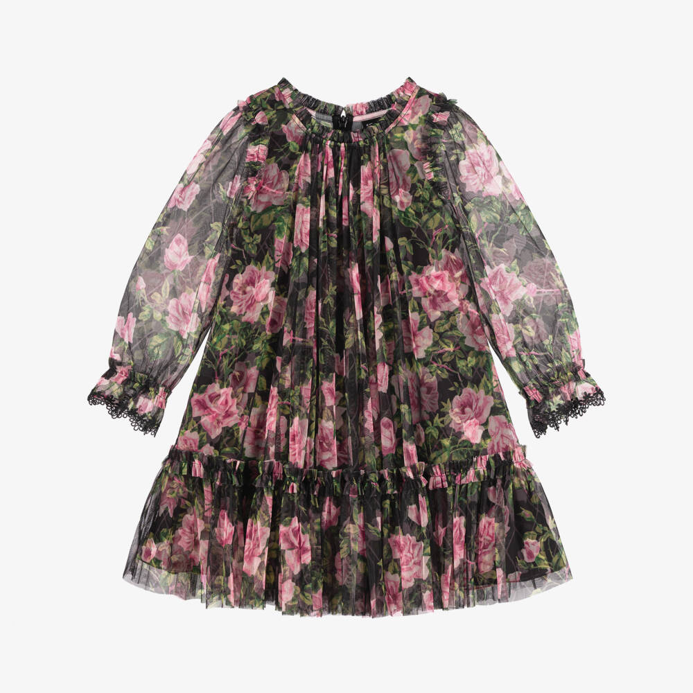 Needle & Thread-Girls Black & Pink Rose Print Tulle Dress | Childrensalon