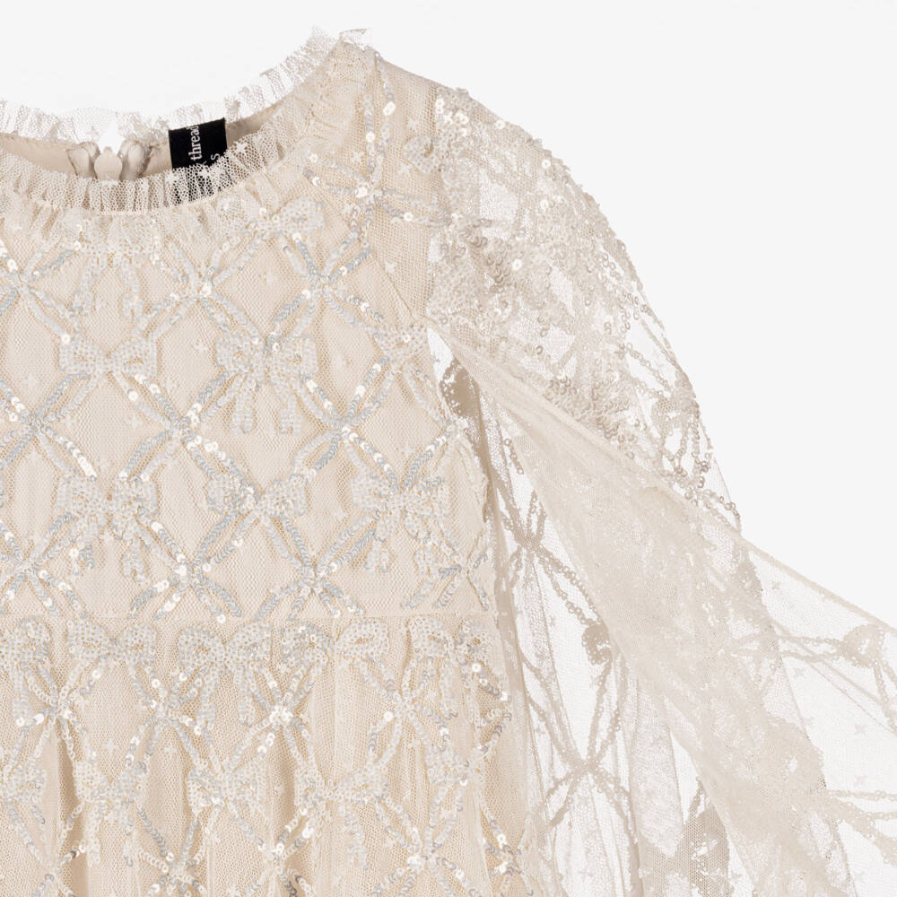 Needle & Thread-Girls Ivory Sequinned Bow Lattice Cape Dress | Childrensalon