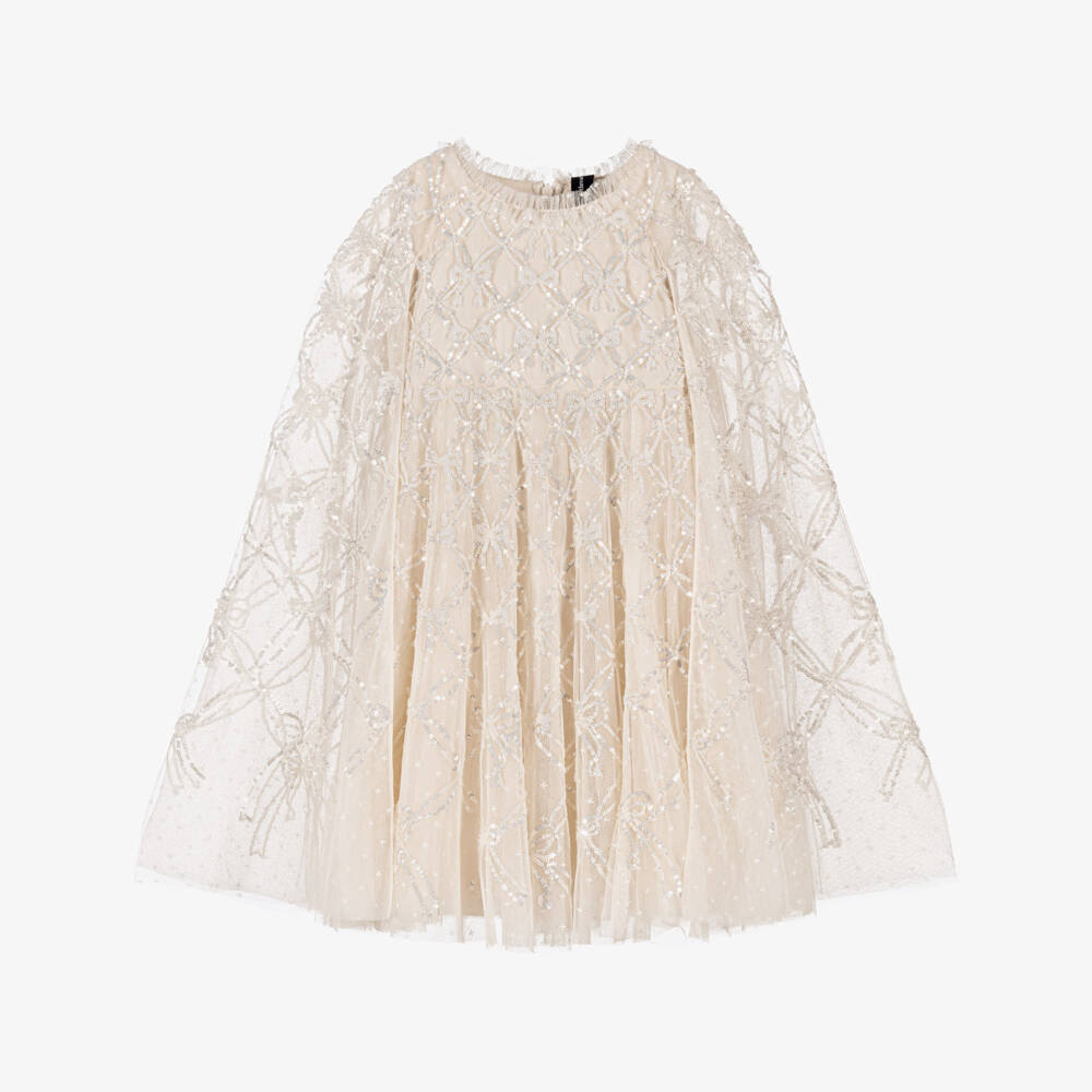Needle & Thread-Girls Ivory Sequinned Bow Lattice Cape Dress | Childrensalon
