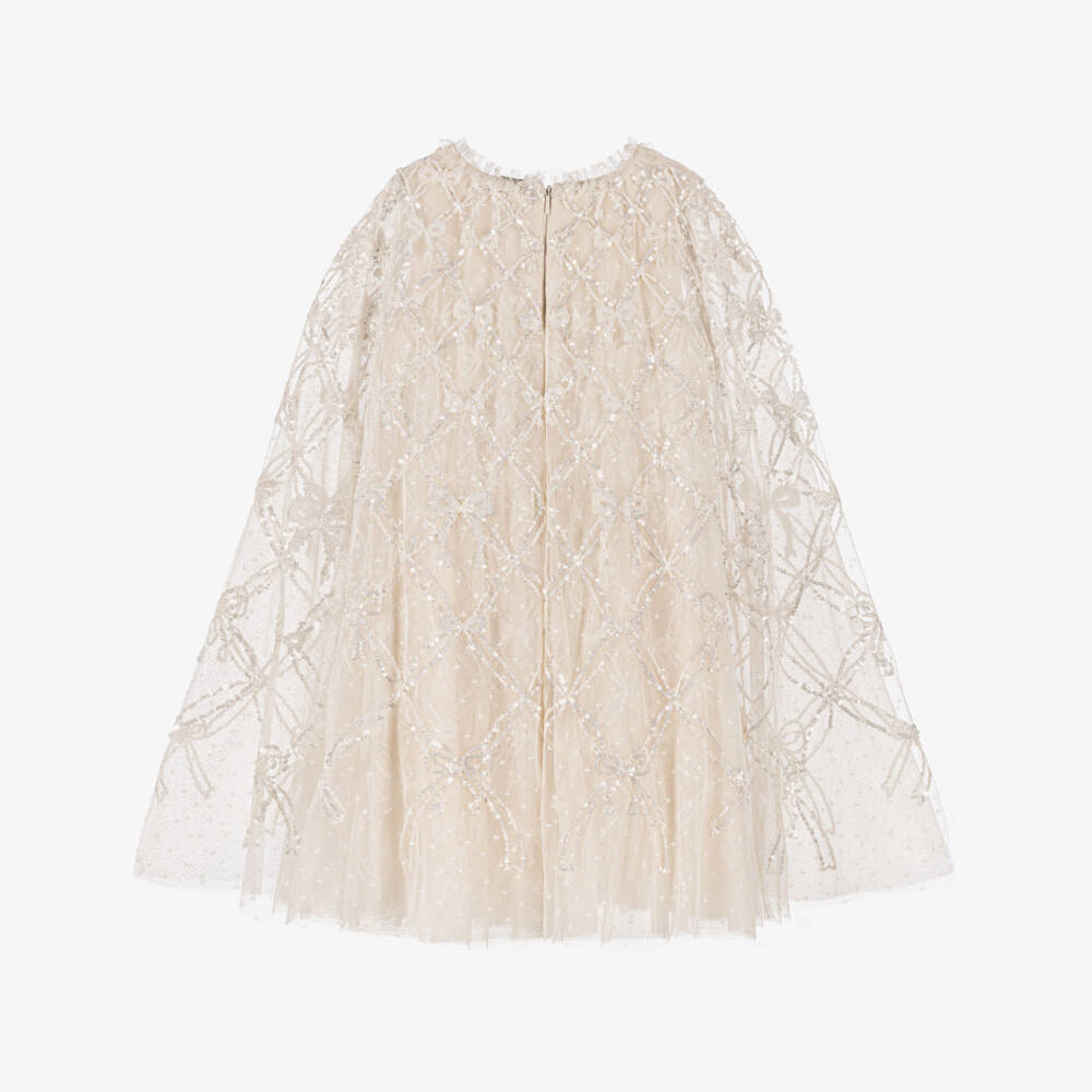 Needle & Thread-Girls Ivory Sequinned Bow Lattice Cape Dress | Childrensalon