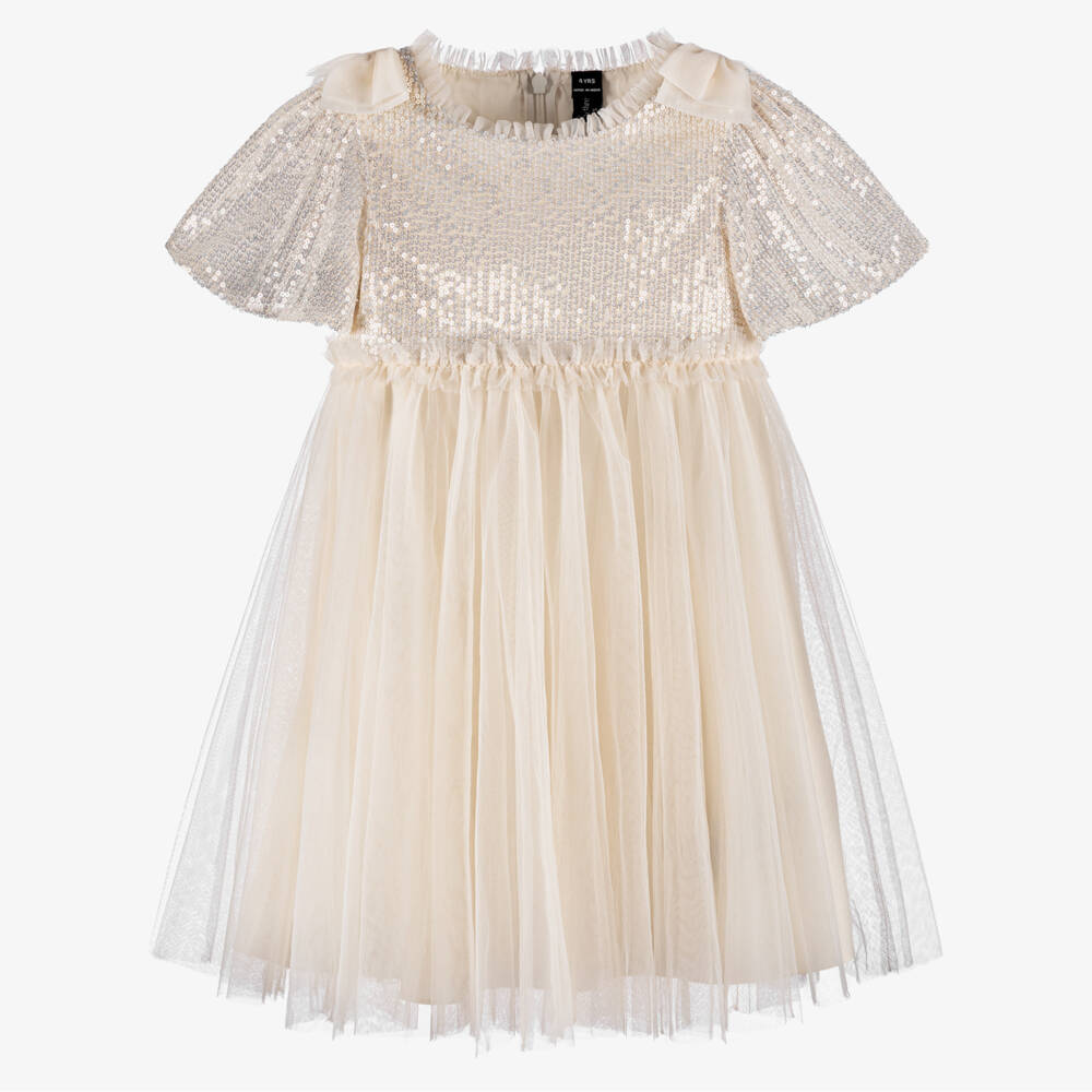 Needle & Thread-فستان تول مزين بفيونكات وترتر لون عاجي للبنات | Childrensalon