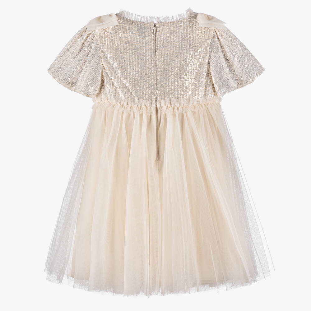 Needle & Thread-فستان تول مزين بفيونكات وترتر لون عاجي للبنات | Childrensalon