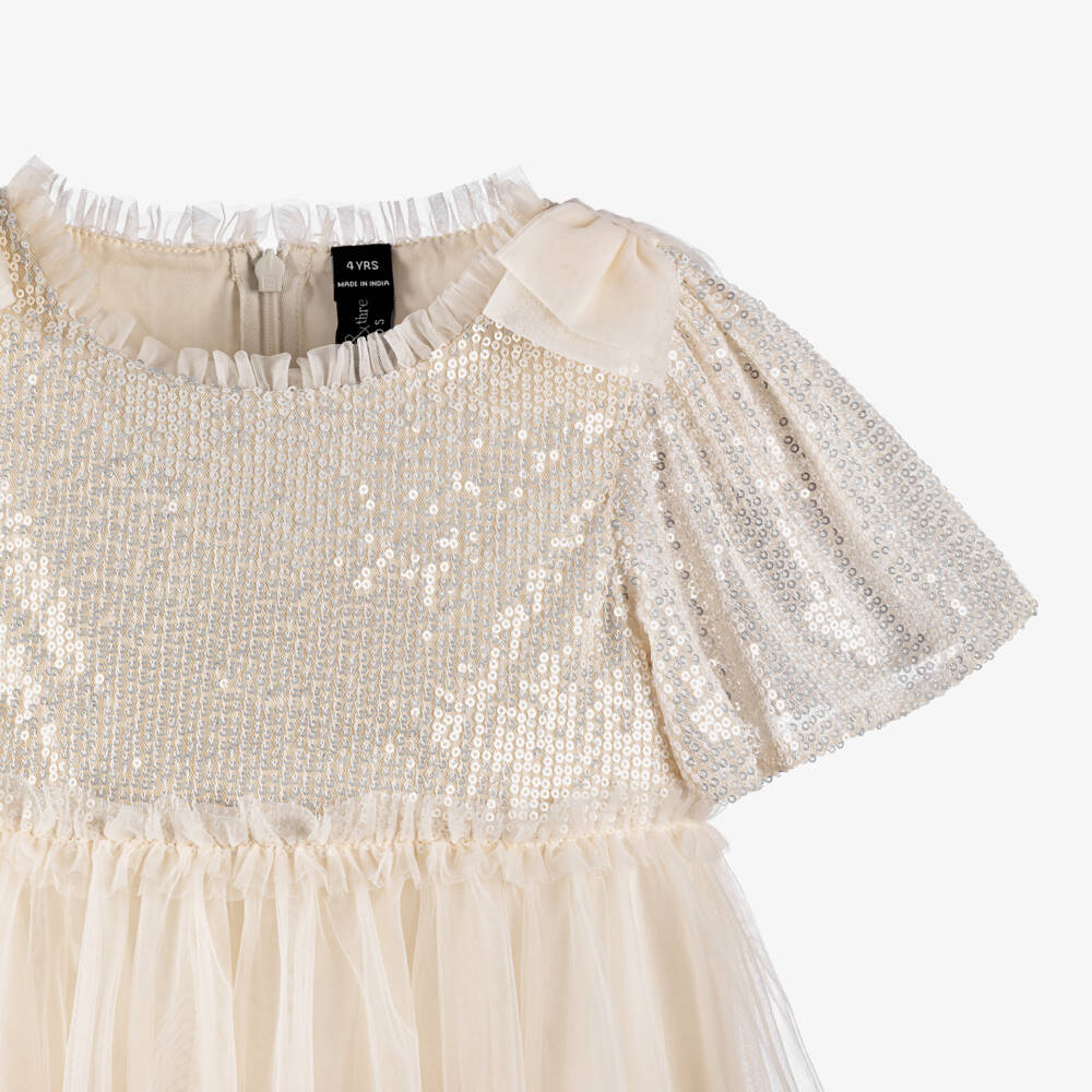 Needle & Thread-فستان تول مزين بفيونكات وترتر لون عاجي للبنات | Childrensalon