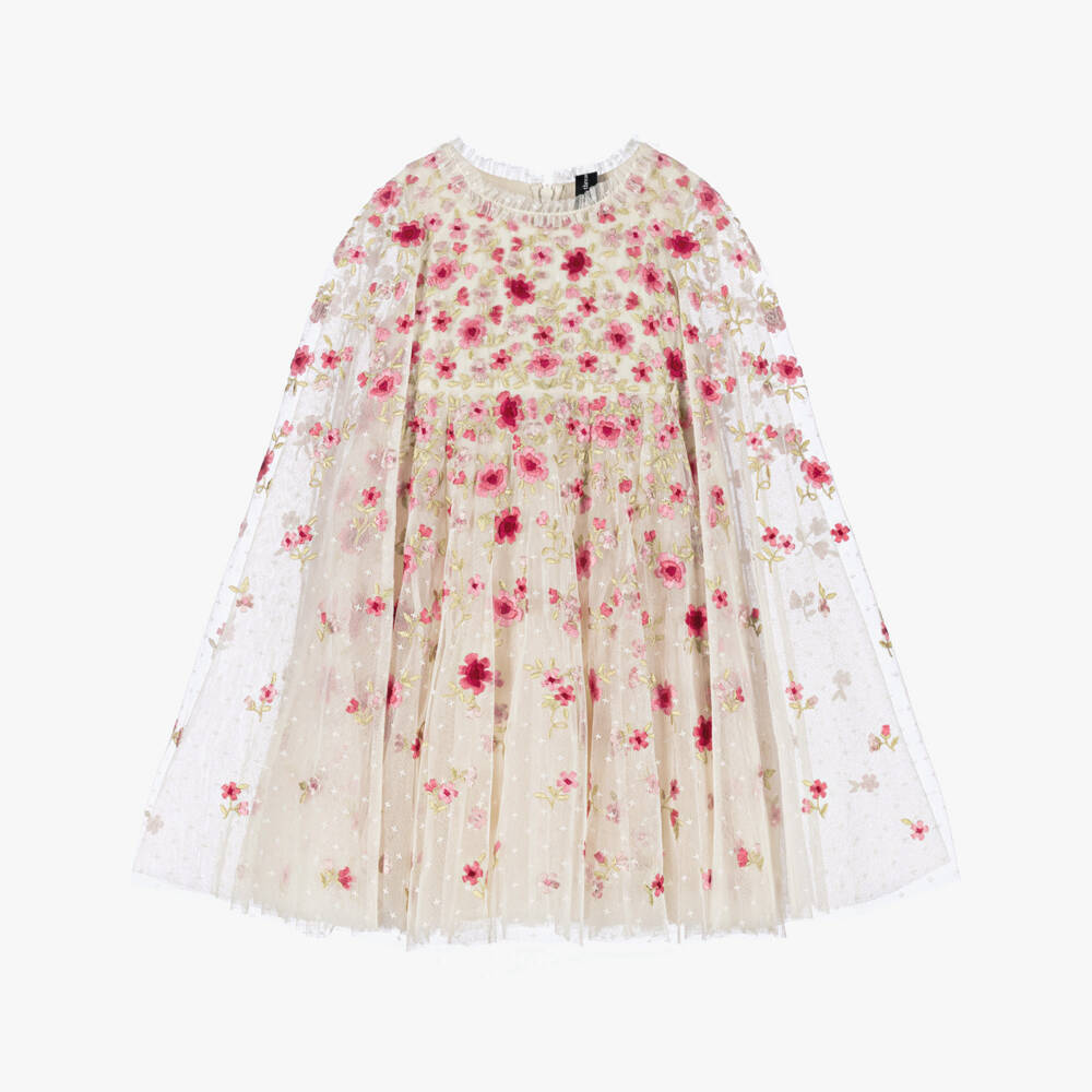 Needle & Thread-Girls Ivory Tulle Cape Dress with Pink Floral Embroidery | Childrensalon