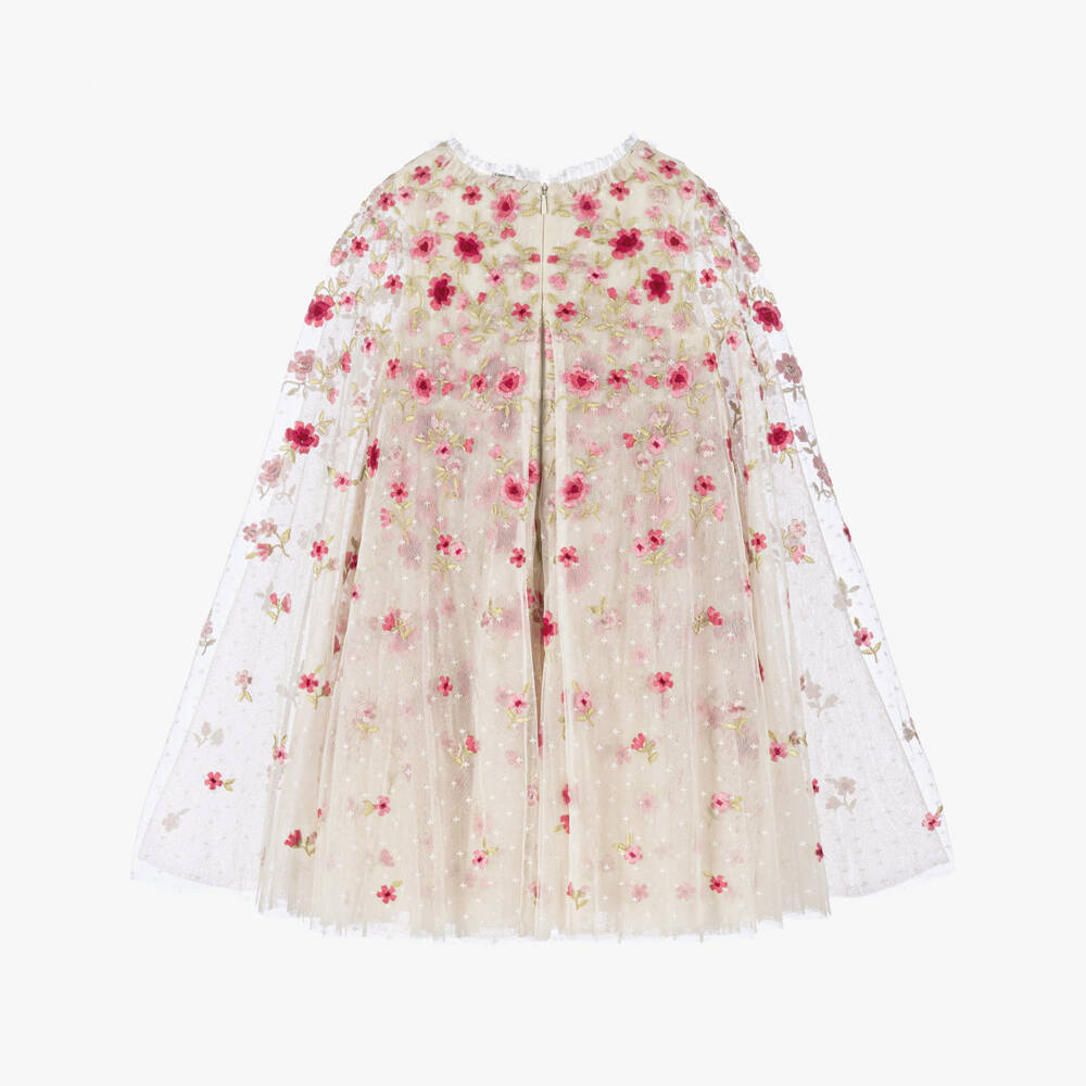 Needle & Thread-Girls Ivory Tulle Cape Dress with Pink Floral Embroidery | Childrensalon