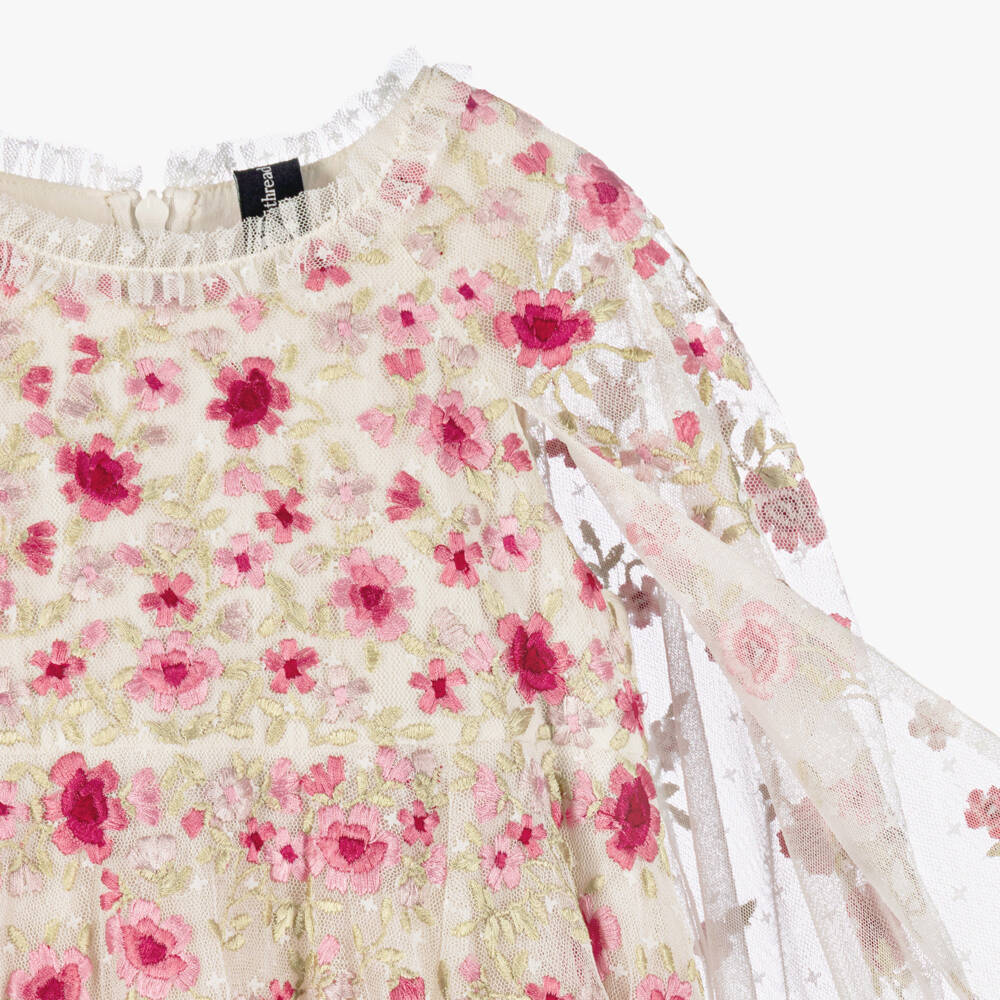 Needle & Thread-Girls Ivory Tulle Cape Dress with Pink Floral Embroidery | Childrensalon