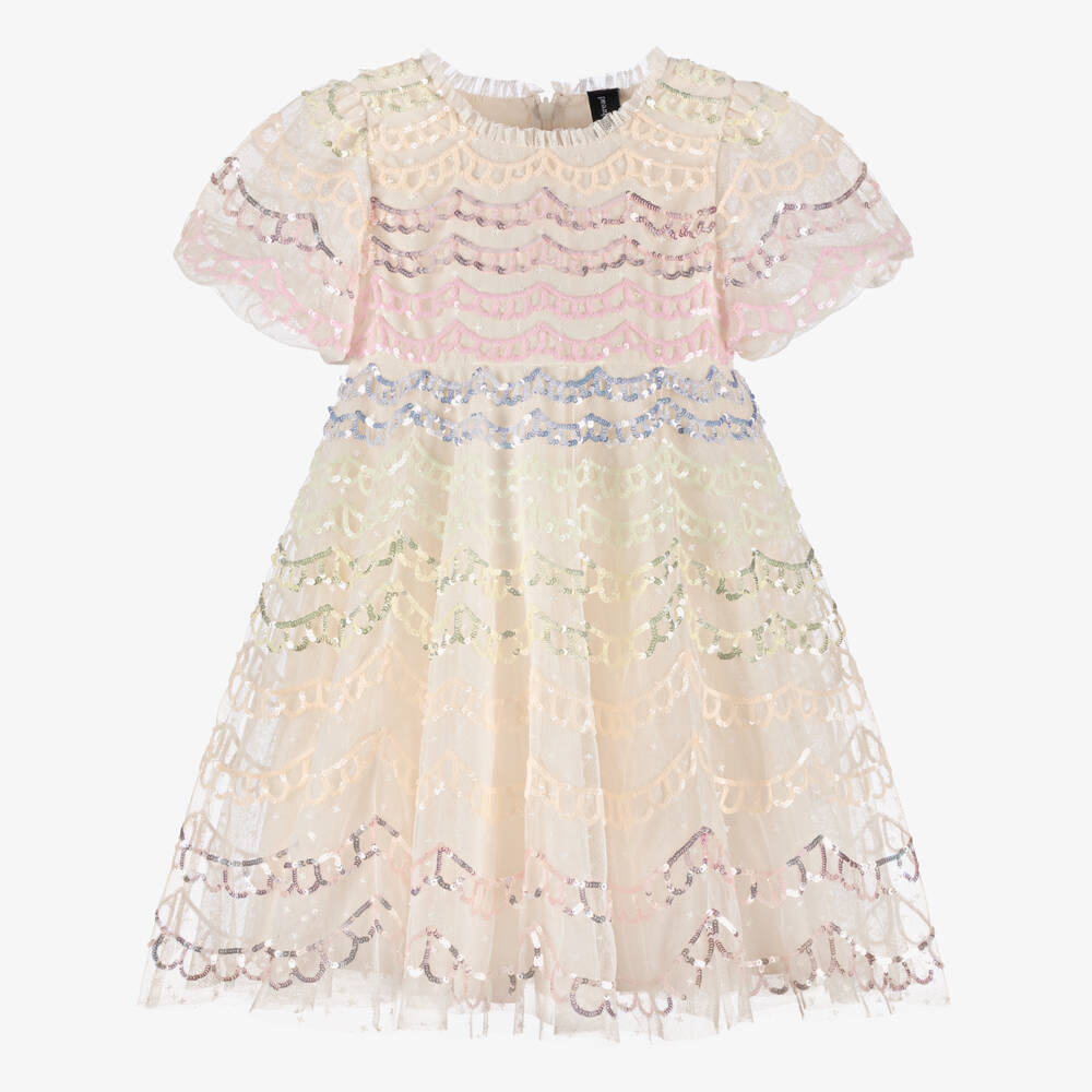 Needle & Thread-Girls Ivory Tulle Dress Dress with Scalloped Sequins | Childrensalon