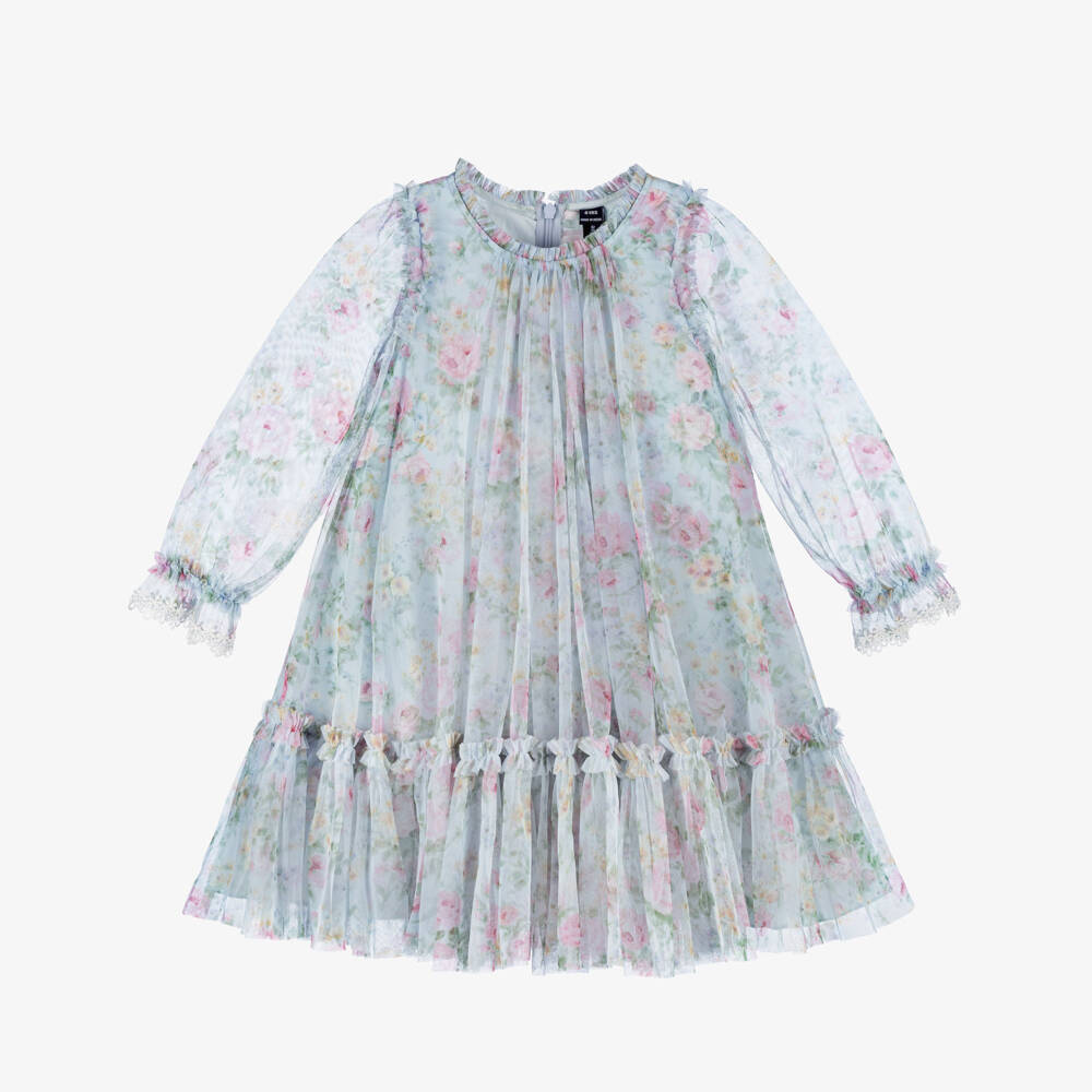 Needle & Thread-Girls Pale Blue Pompadour Garden Floral Print Dress | Childrensalon