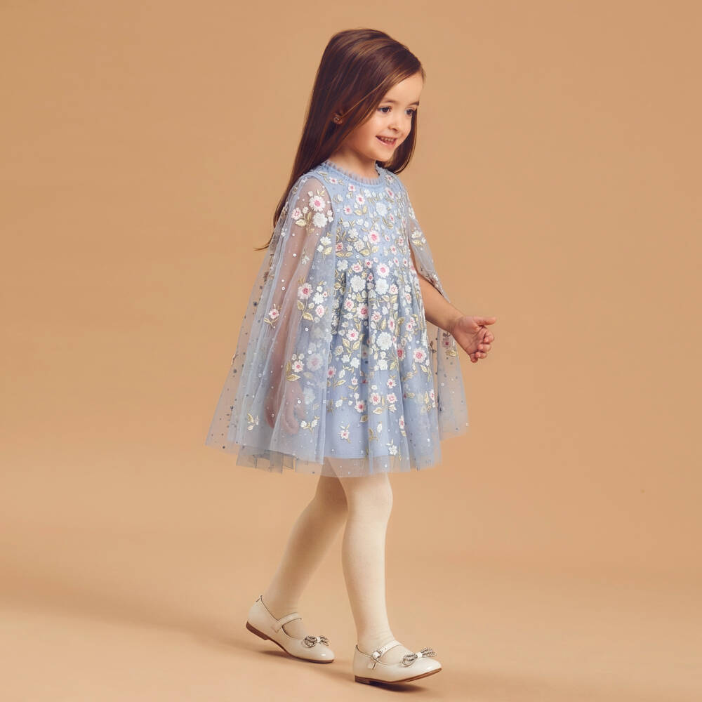 Needle & Thread-Платье накидка голубое из тюля в цветочек для девочек | Childrensalon