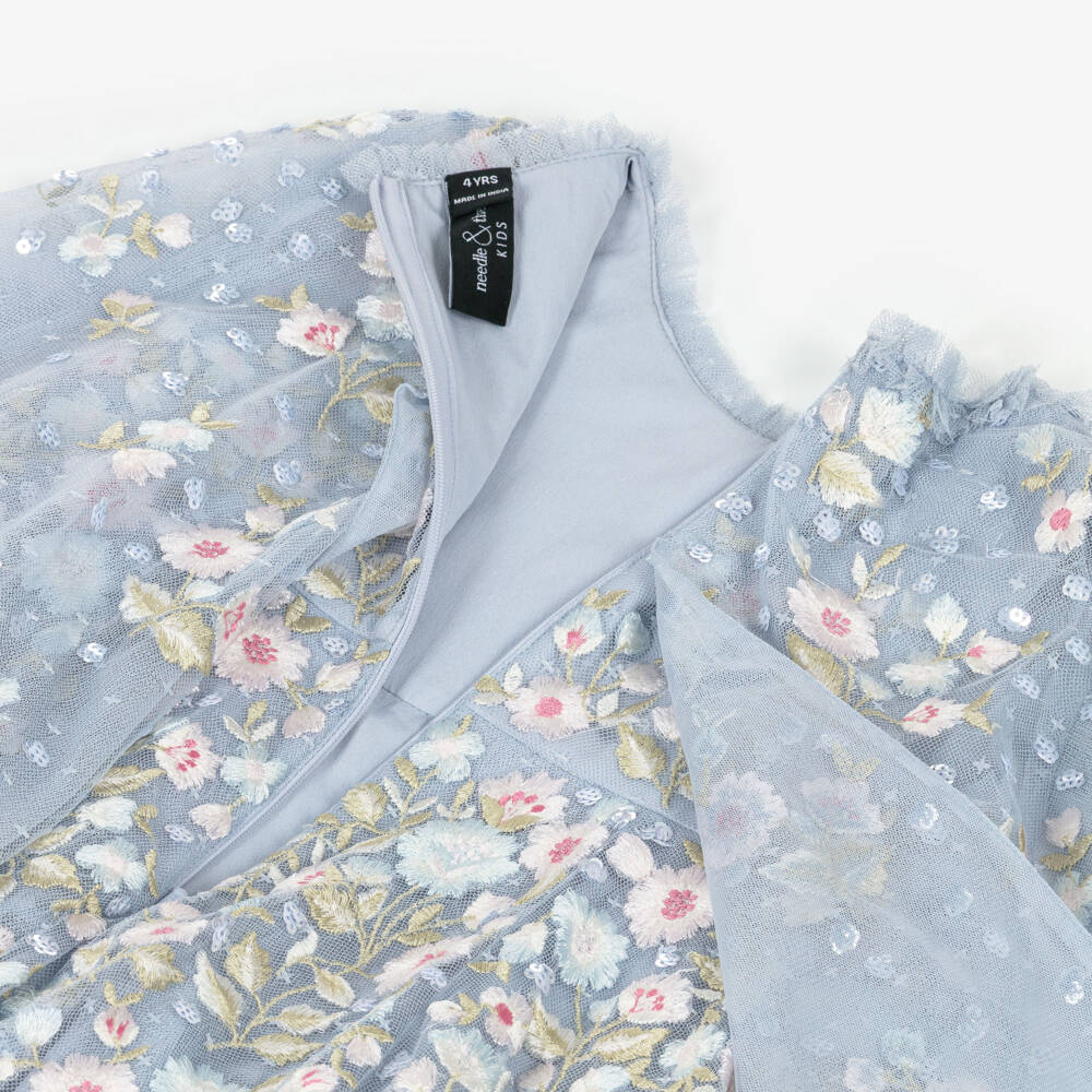 Needle & Thread-فستان كيب تول مطرز ورود لون أزرق فاتح للبنات | Childrensalon