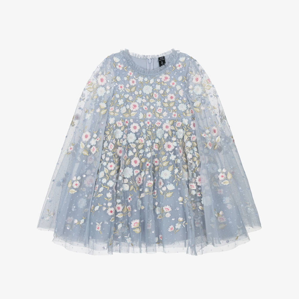 Needle & Thread-فستان كيب تول مطرز ورود لون أزرق فاتح للبنات | Childrensalon