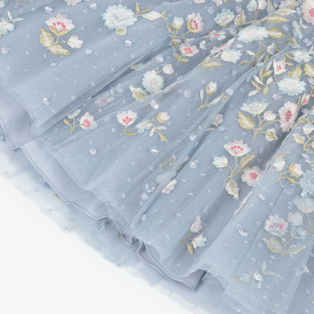 Needle & Thread-فستان كيب تول مطرز ورود لون أزرق فاتح للبنات | Childrensalon