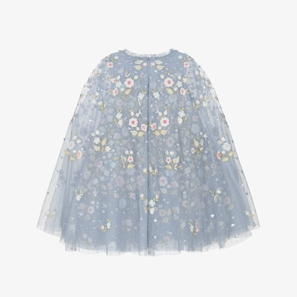 Needle & Thread-فستان كيب تول مطرز ورود لون أزرق فاتح للبنات | Childrensalon
