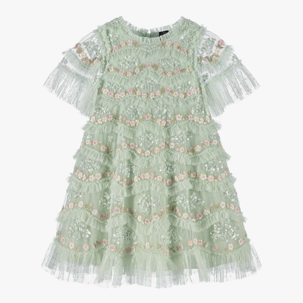 Needle & Thread-Girls Pale Green Daisy Wave Tulle Dress | Childrensalon