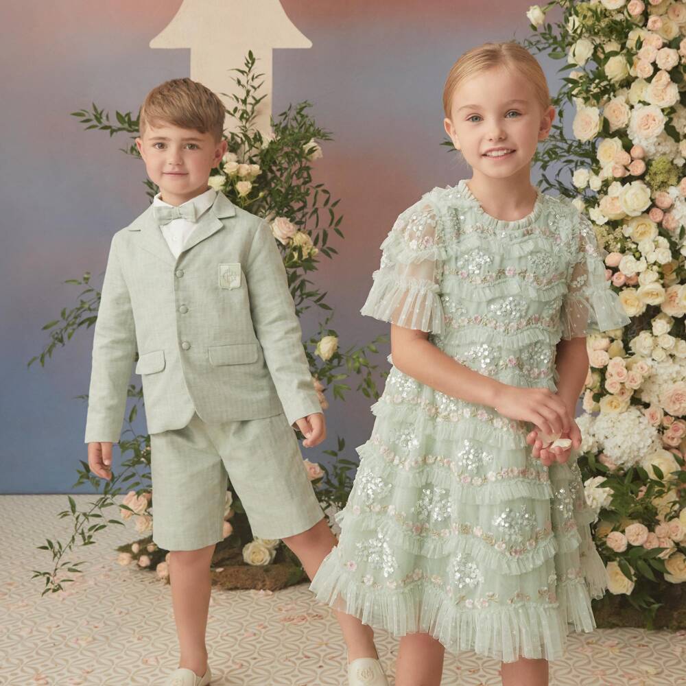 Needle & Thread-Girls Pale Green Daisy Wave Tulle Dress | Childrensalon