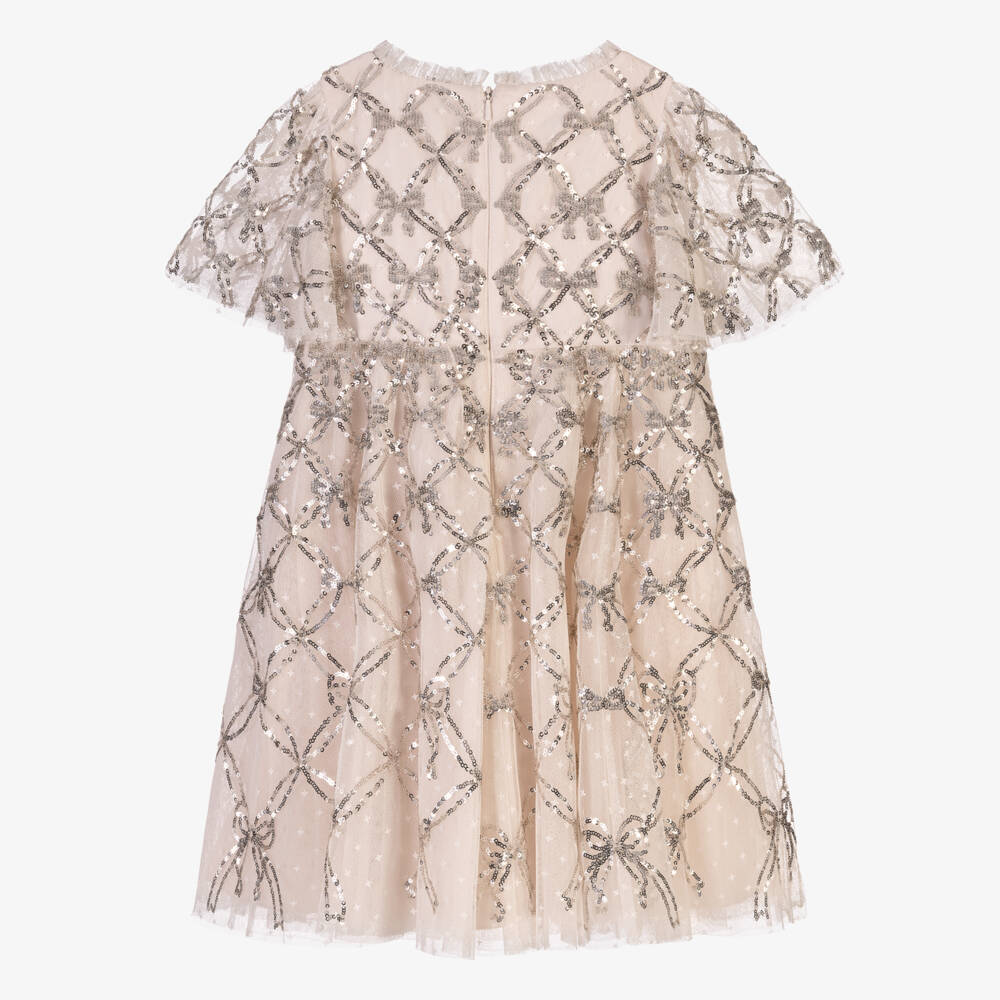 Needle & Thread-Girls Pale Pink Bow Lattice Sequinned Tulle Dress | Childrensalon