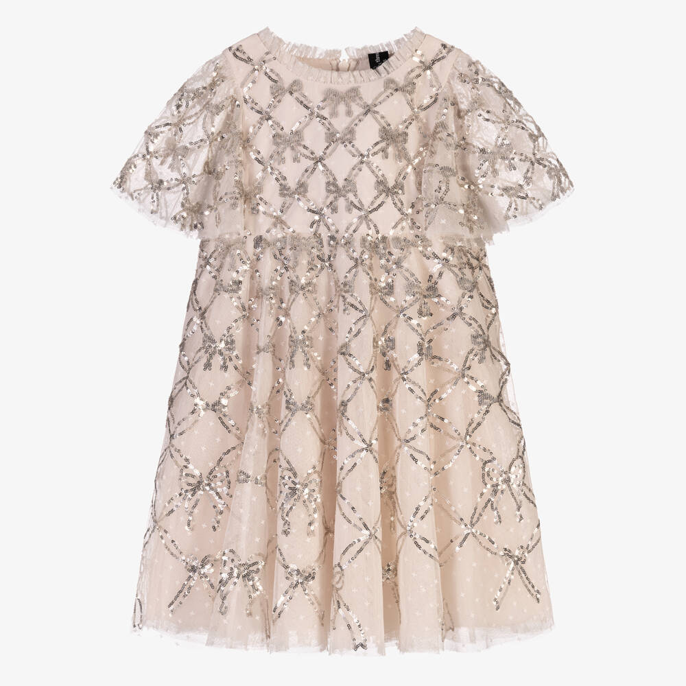 Needle & Thread-Girls Pale Pink Bow Lattice Sequinned Tulle Dress | Childrensalon