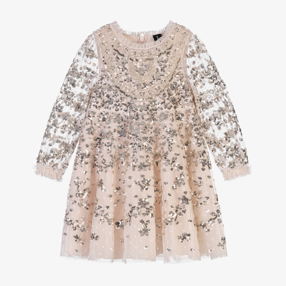 Needle & Thread-Girls Pale Pink Nerina Dress with Silver Sequins | Childrensalon