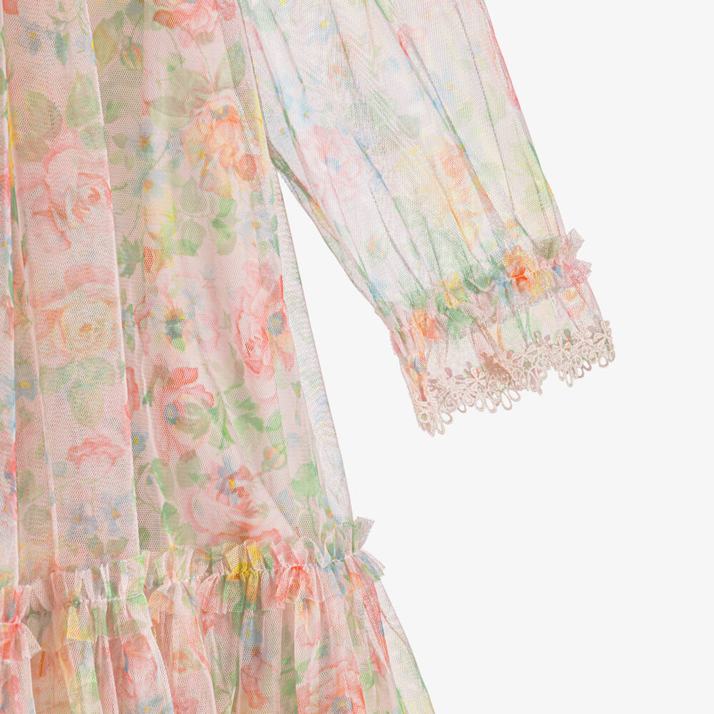 Needle & Thread-Girls Pale Pink Tulle Dress with Colourful Rose Print | Childrensalon