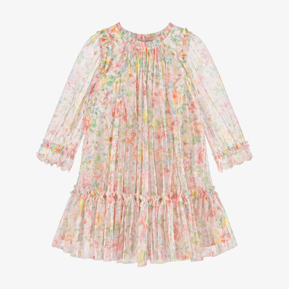 Needle & Thread-Girls Pale Pink Tulle Dress with Colourful Rose Print | Childrensalon