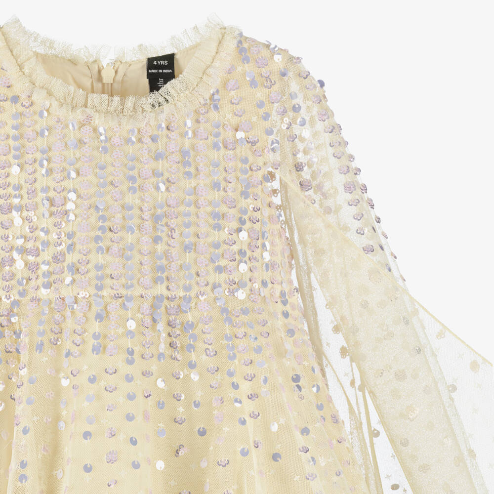 Needle & Thread-Girls Pale Yellow Tulle Cape Dress with Sequins | Childrensalon