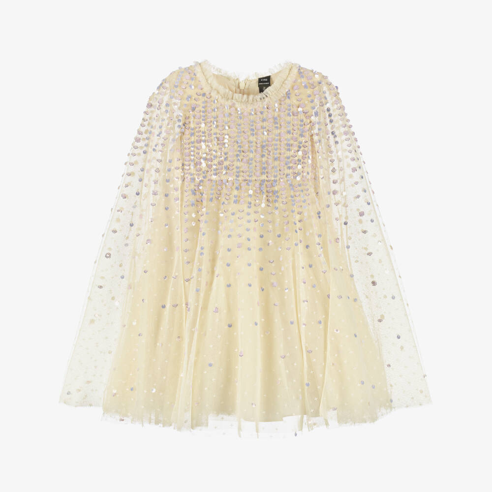 Needle & Thread-Girls Pale Yellow Tulle Cape Dress with Sequins | Childrensalon