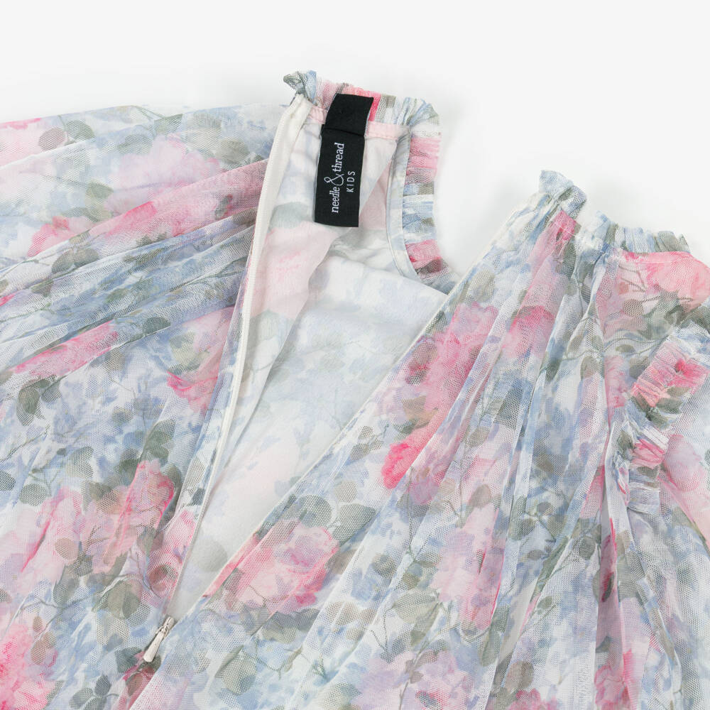 Needle & Thread-Girls Pink & Blue Floral Printed Tulle Dress  | Childrensalon