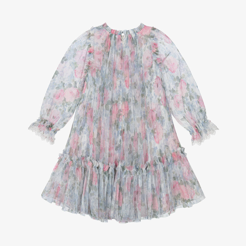 Needle & Thread-Girls Pink & Blue Floral Printed Tulle Dress  | Childrensalon