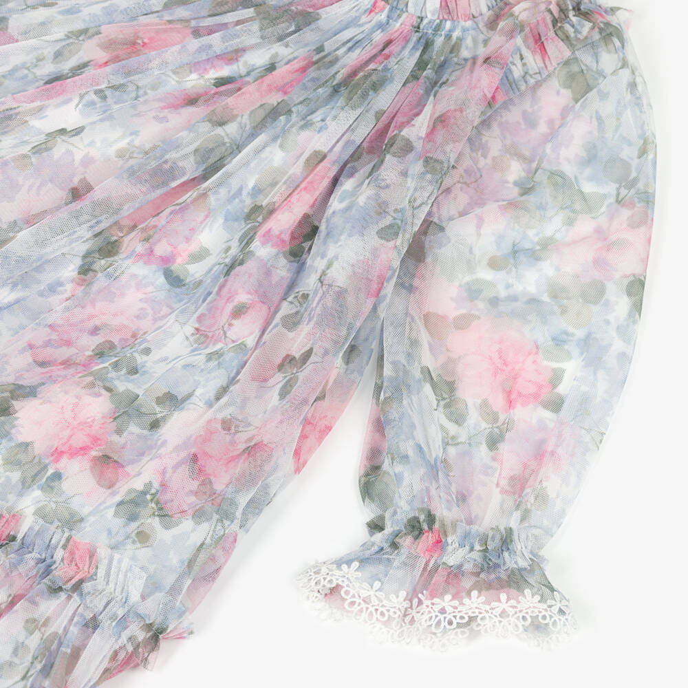 Needle & Thread-Girls Pink & Blue Floral Printed Tulle Dress  | Childrensalon
