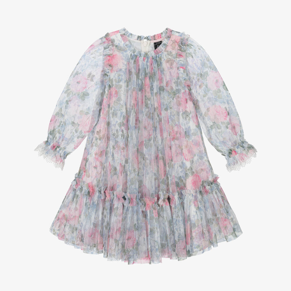 Needle & Thread-Girls Pink & Blue Floral Printed Tulle Dress  | Childrensalon