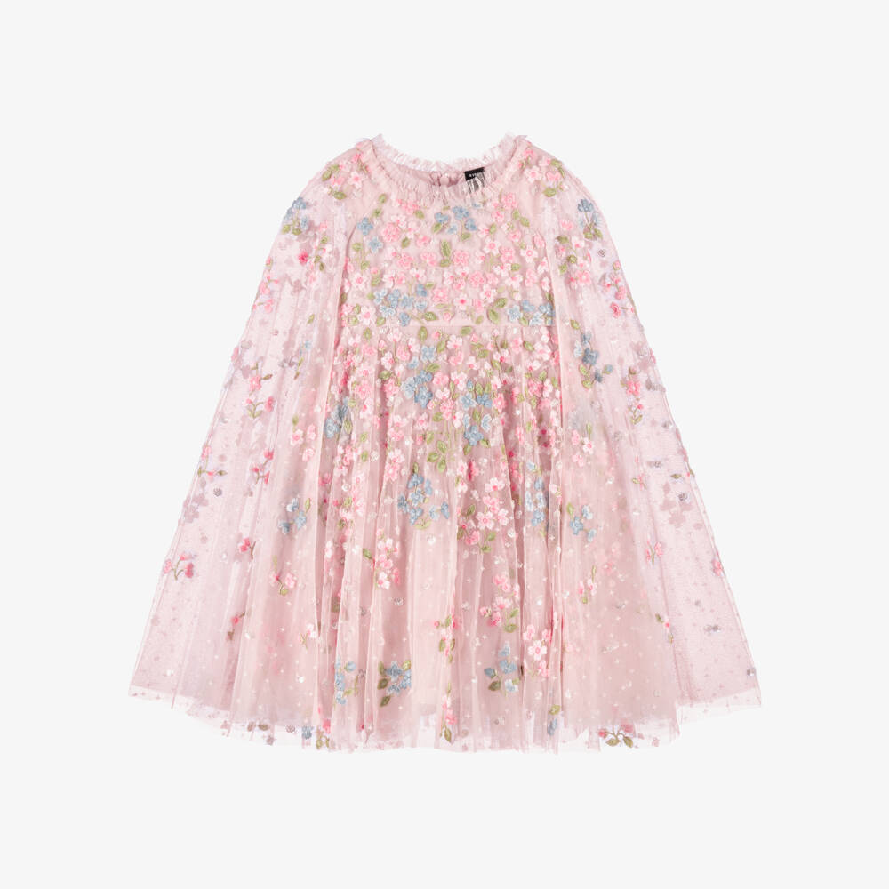 Needle & Thread-Girls Pink Tulle Cape Dress with Floral Embroidery & Sequins | Childrensalon