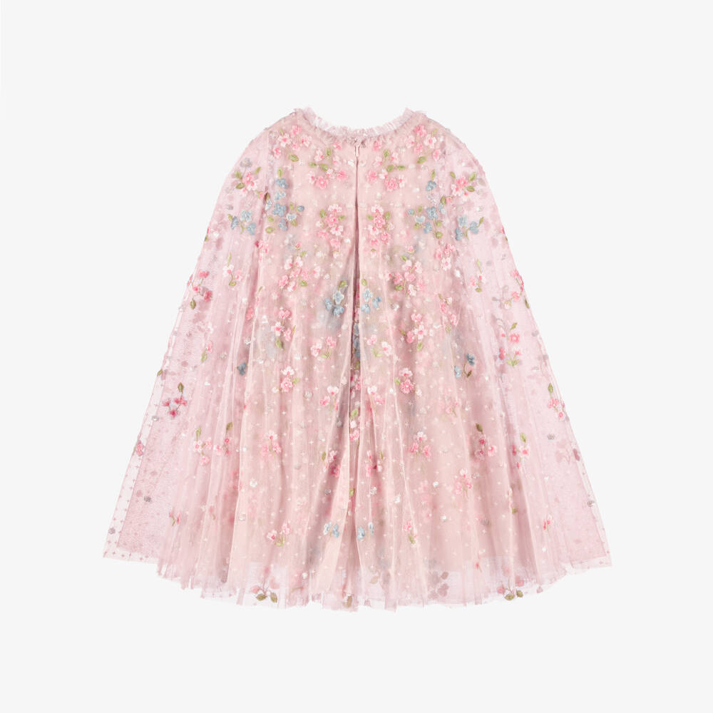 Needle & Thread-Girls Pink Tulle Cape Dress with Floral Embroidery & Sequins | Childrensalon