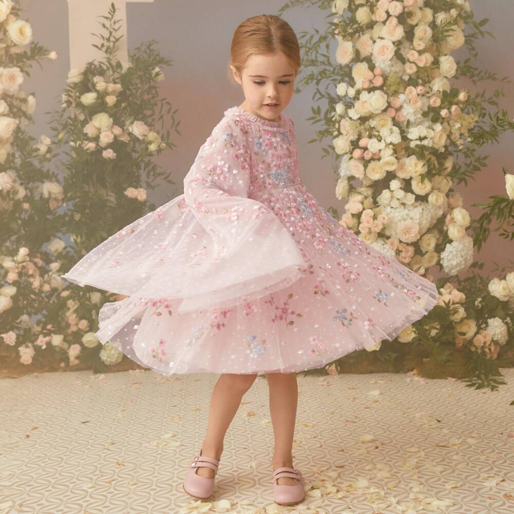 Needle & Thread-Girls Pink Tulle Cape Dress with Floral Embroidery & Sequins | Childrensalon