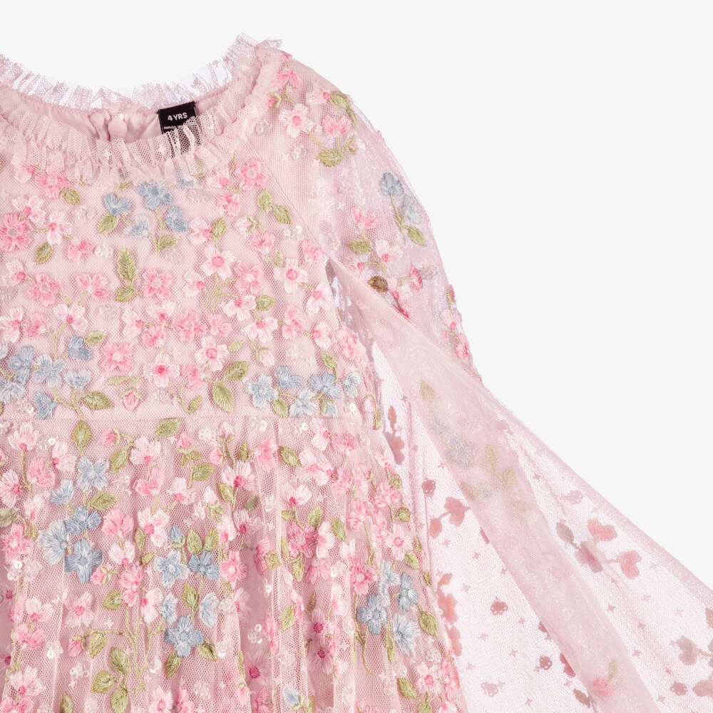 Needle & Thread-Girls Pink Tulle Cape Dress with Floral Embroidery & Sequins | Childrensalon